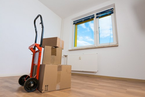 Office furniture and boxes prepared for a local commercial relocation