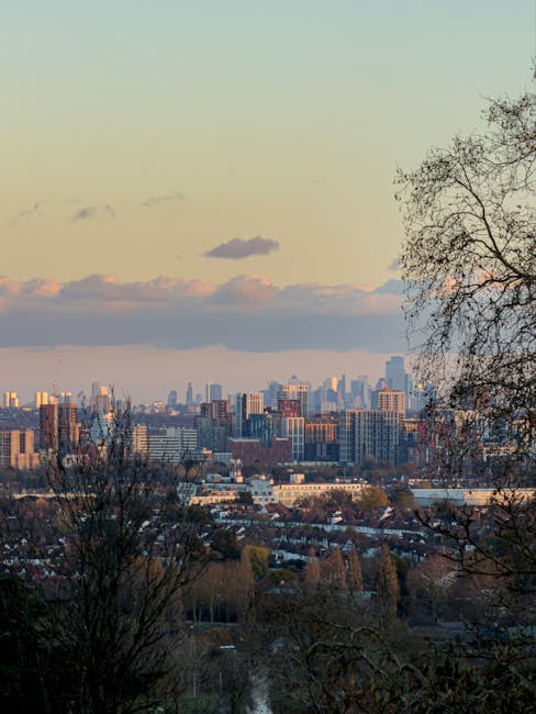 An urban landscape view taken from an elevated position during late afternoon or early evening, showing a city skyline with numerous high-rise buildings and skyscrapers in the distance. In the foreground, there are leafless trees and rooftops of residential houses with snow-covered roofs, indicating a winter setting. The sky above features a mix of light clouds and clear areas with soft pastel hues of pink and light blue, suggesting a setting sun. This scene exemplifies a peaceful setting relevant to house removals and relocation services, with the cityscape indicating the type of environment that might be associated with property moves in the Harrow area, as referenced by the page on manwithvanharrowonthehill.co.uk.